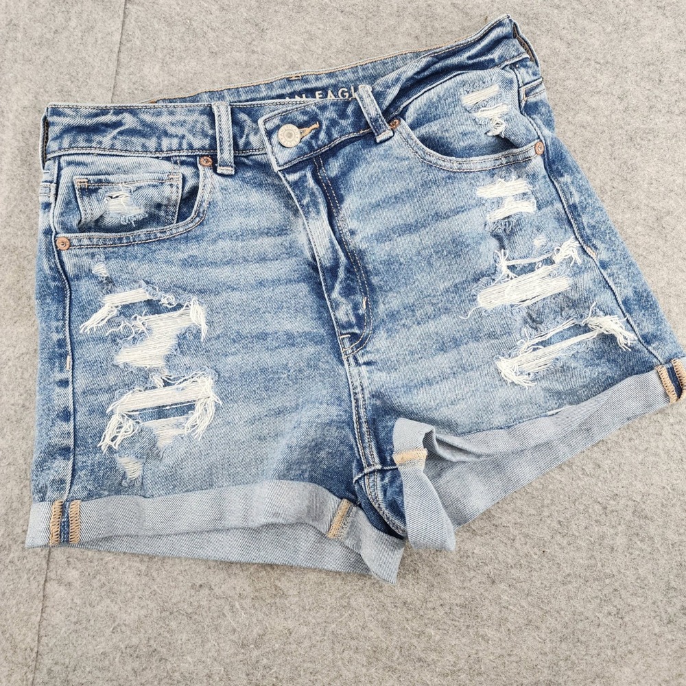 American Eagle Blue Distressed Mom Short Denim High Rise Womens Size 8